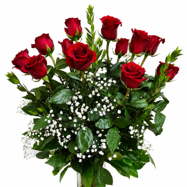 Red Roses Long Stem with Greenery & Baby Breath