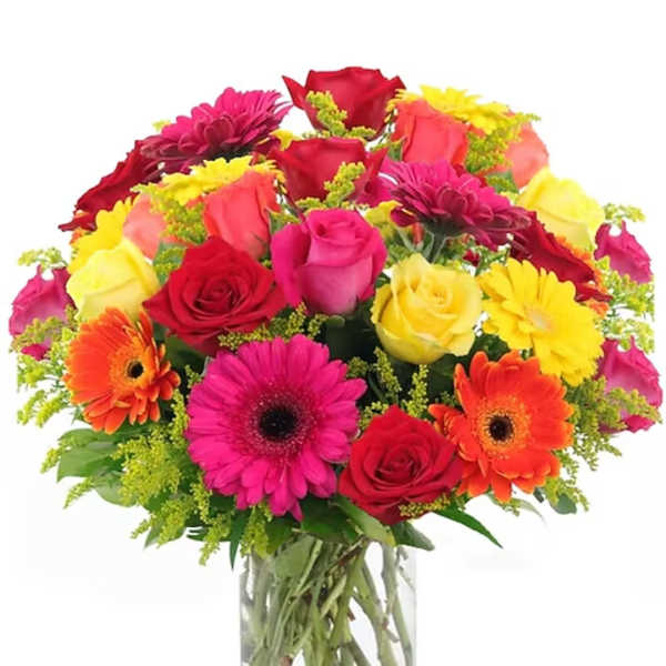Mixed bouquet of roses, gerbera daisies, and mums in a clear glass vase
