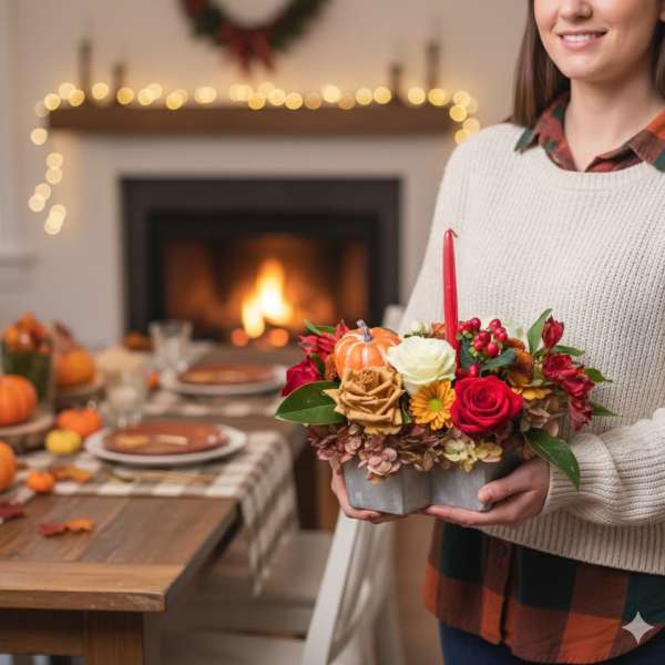 Woman holding a fall floral centerpiece with a candle and small pumpkin