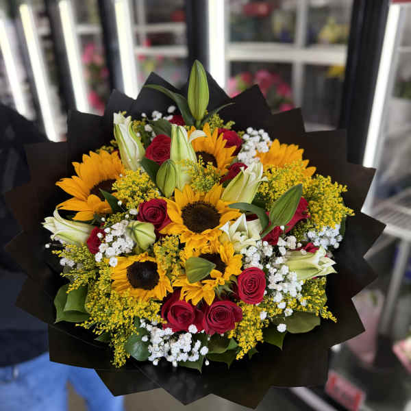 Lily, Rose, Sunflower Bouquet