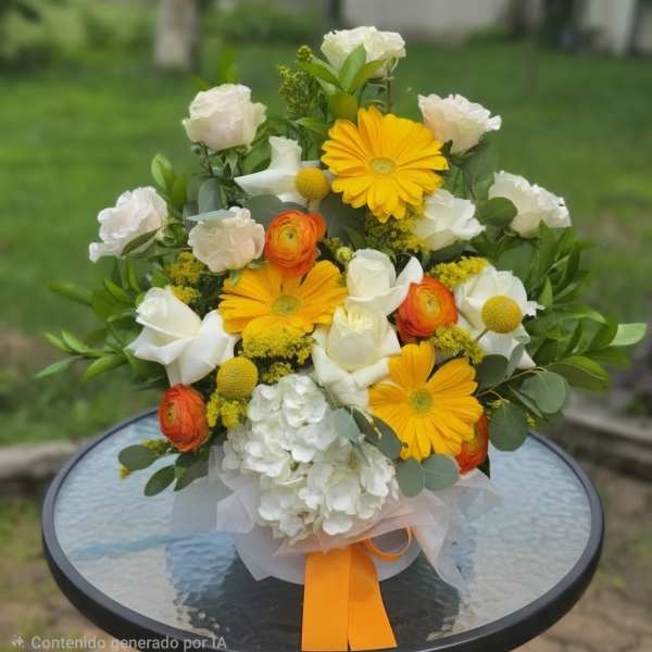 Bouquet of yellow, white, and orange flowers with a ribbon