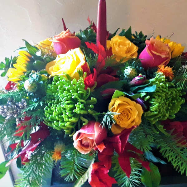 Colorful bouquet of roses and chrysanthemums with greenery