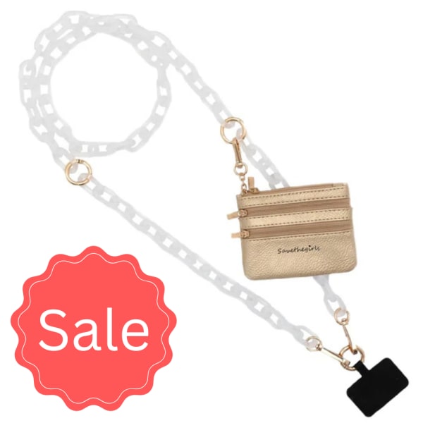 Beige zip pouch on a chain strap with a sale badge
