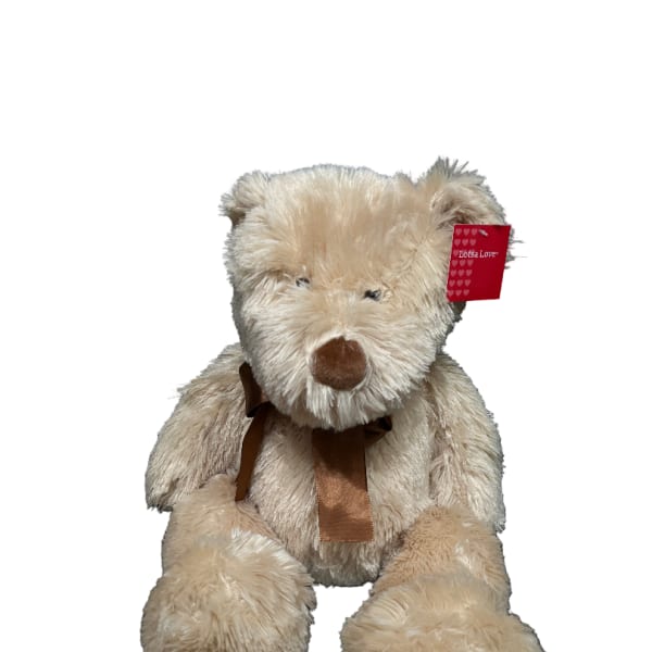 Beige teddy bear with a brown ribbon and heart tag