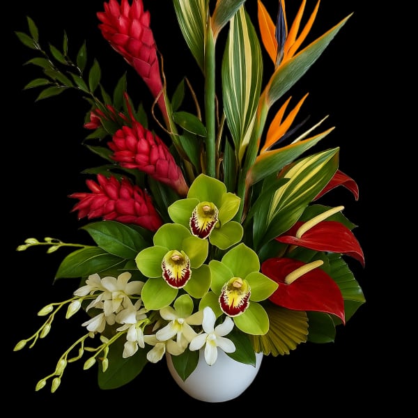 Tropical arrangement with red ginger, green orchids, and bird-of-paradise in a white vase