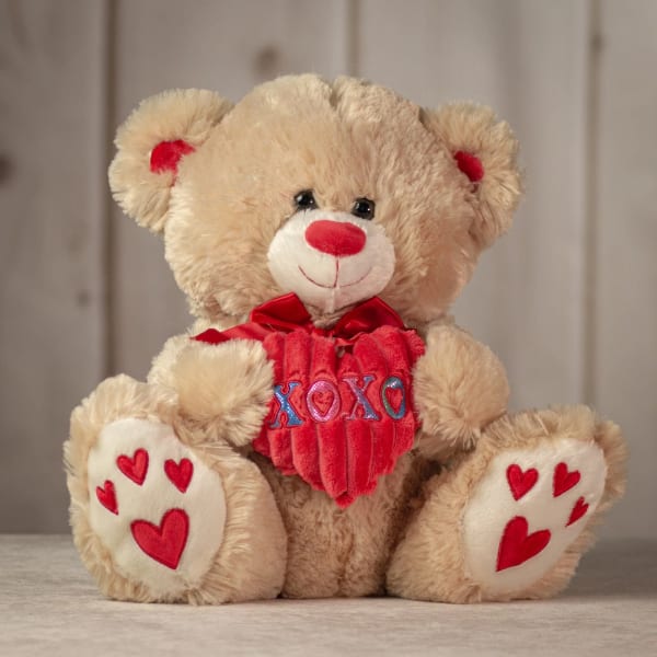 Plush teddy bear holding a red heart with XOXO lettering