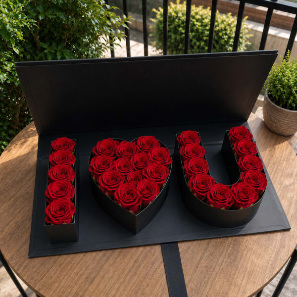 Red roses arranged in black boxes spelling "I LOVE U"