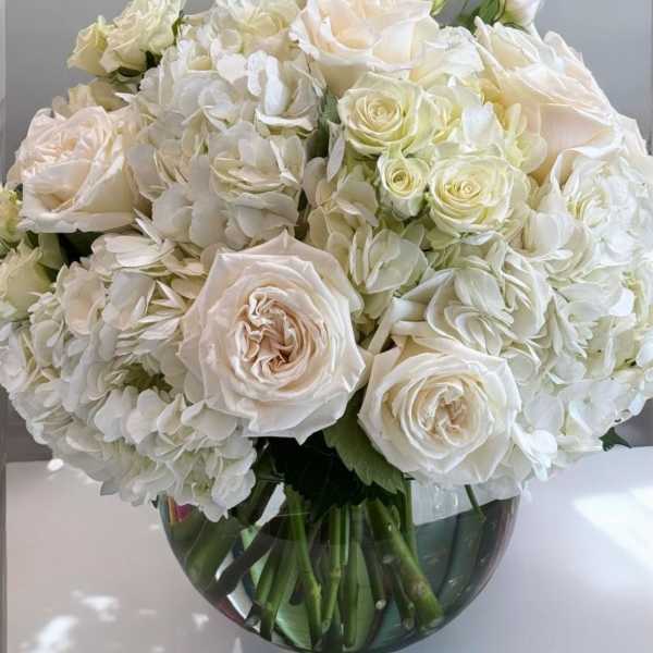 White roses and hydrangeas arranged in a glass vase