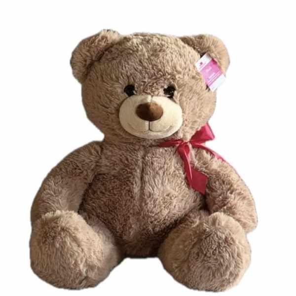 Brown teddy bear with a red ribbon bow