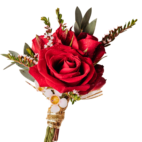 Red rose boutonniere with small white accents and gold ribbon wrap