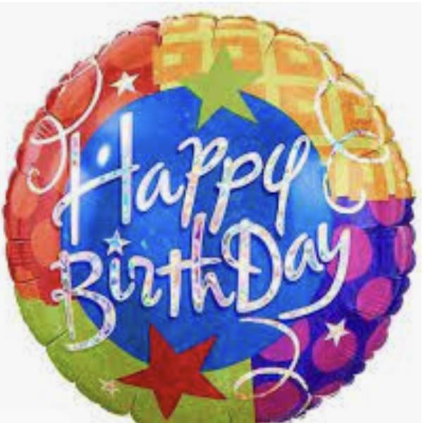 Round foil balloon with "Happy Birthday" text in bright colors
