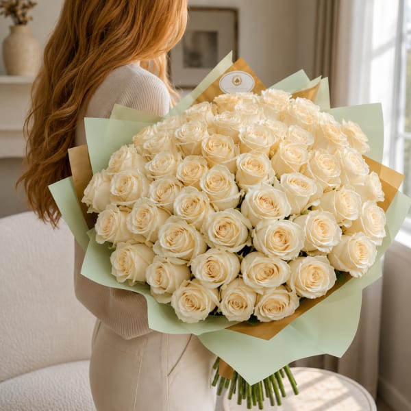 Large bouquet of cream roses wrapped in pale green and gold paper