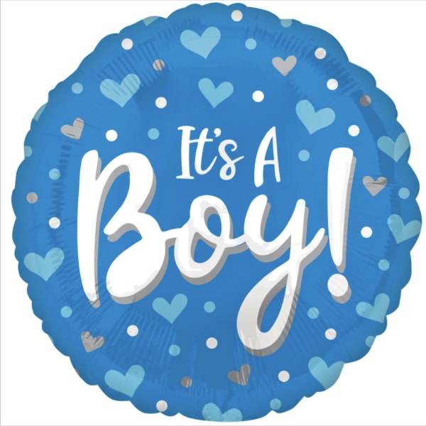 Blue balloon with hearts and the words "It's A Boy!"