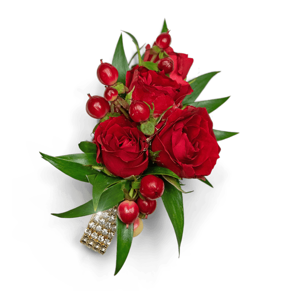 Red rose boutonniere with berries and green leaves