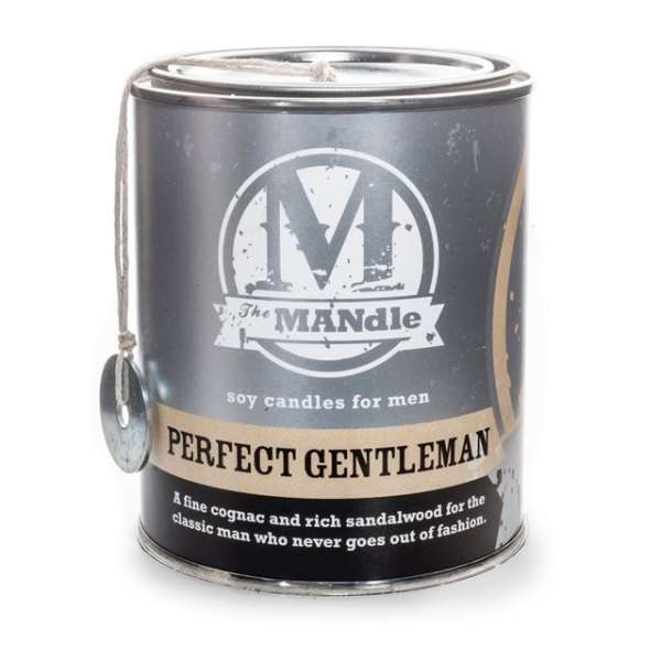 A black tin candle labeled "Perfect Gentleman" with a hanging tag