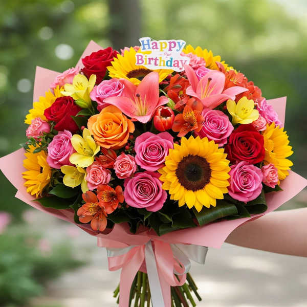 Bright mixed bouquet with roses, lilies, and sunflowers, topped with a Happy Birthday sign