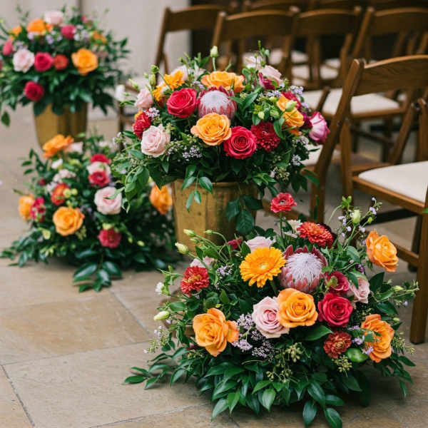 Three floral arrangements with roses and mixed blooms in gold containers