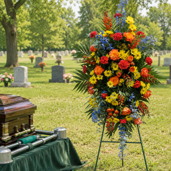 Standing funeral spray beside a casket in a cemetery