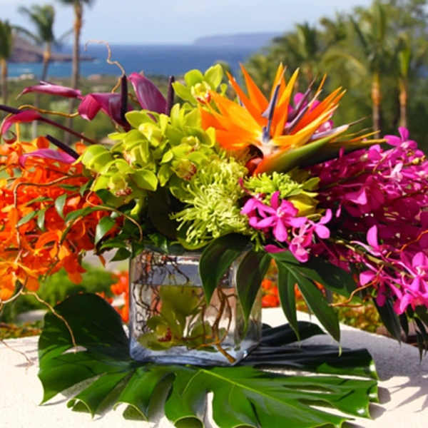 Tropical flower arrangement in a glass cube vase with orange, pink, and green blooms