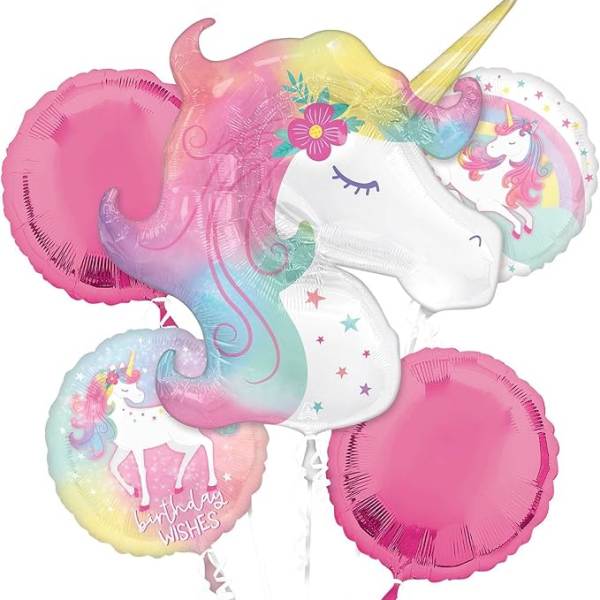 Unicorn-shaped birthday balloons in pink and pastel colors