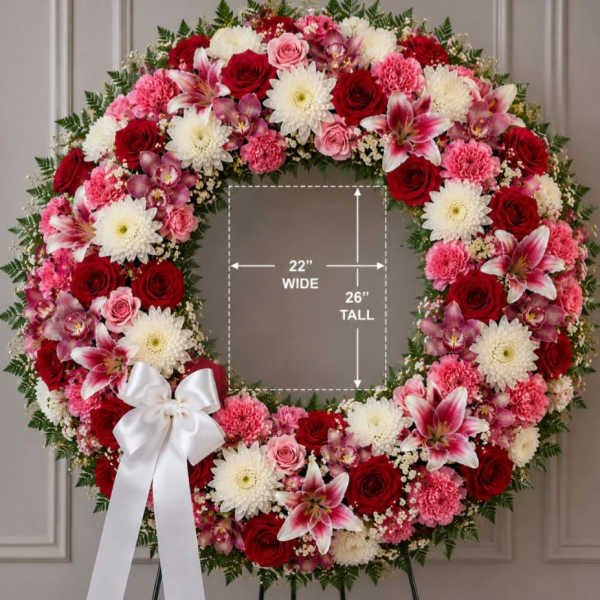 Pink, Red, and White Round Sympathy Wreath