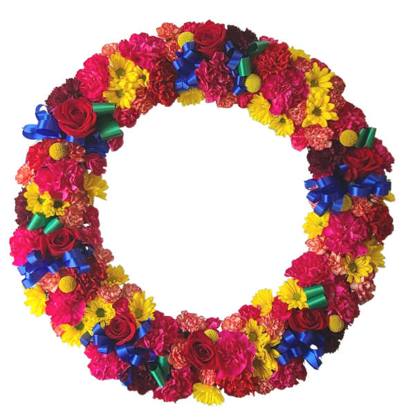 Circular floral wreath with red, pink, and yellow flowers and blue ribbons