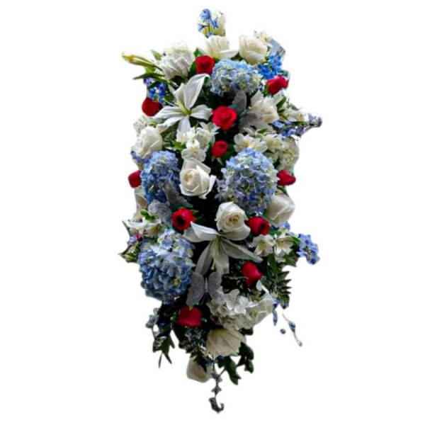 Patriotic Honor Sympathy Standing Spray - Red Roses, White Roses & Blue Hydrangeas