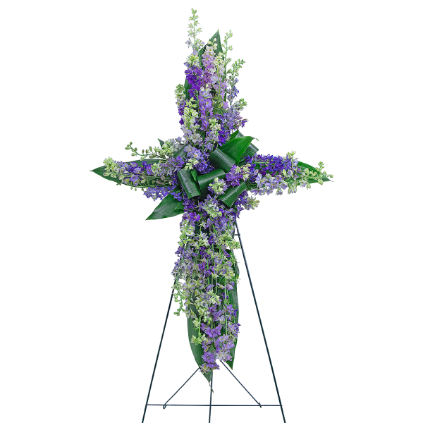Purple and lavender floral standing spray on a metal easel