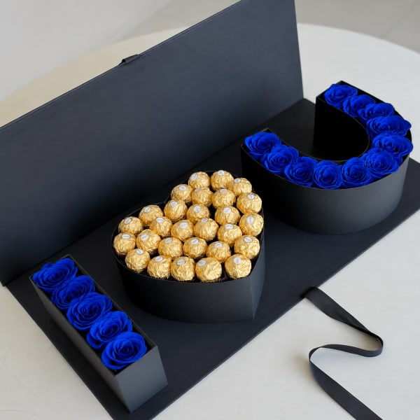 DAD Luxury Gift Box – Artificial Blue Roses & Ferrero Collection