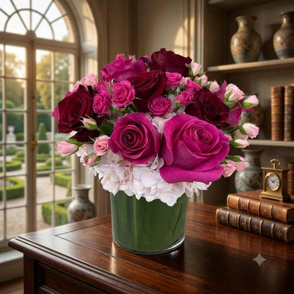 Pink and burgundy roses arranged in a green glass vase