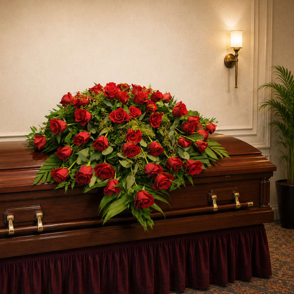 K640 Crimson Embrace Red Rose Casket Spray