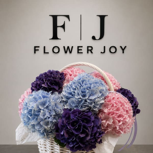 Basket of pink, blue, and purple hydrangeas with a handle
