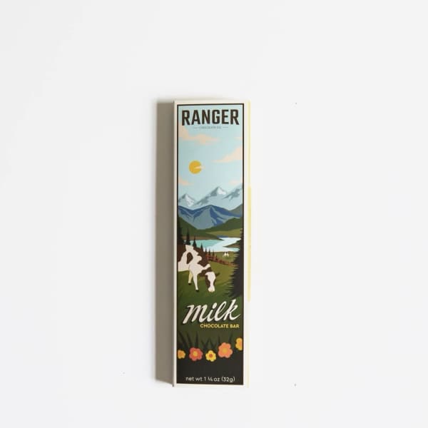Milk chocolate bar in a tall illustrated box