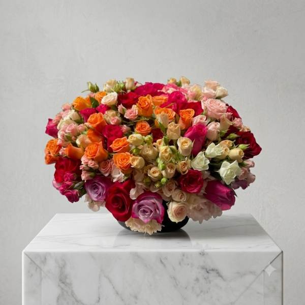 Large mixed rose arrangement in a black vase