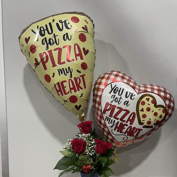 Roses in a blue vase with pizza-themed heart balloons and a Domino's gift card