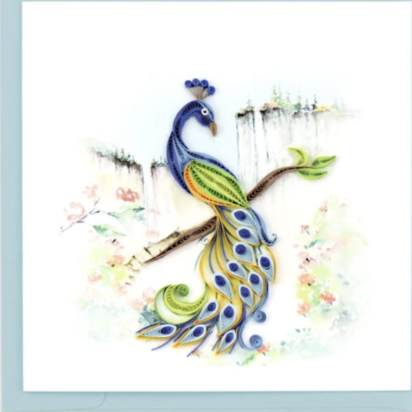 Greeting card with colorful quilled paper peacock on a branch over a soft floral watercolor background