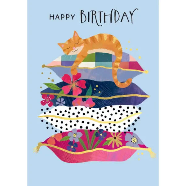 Cat On Pillows Birthday Card