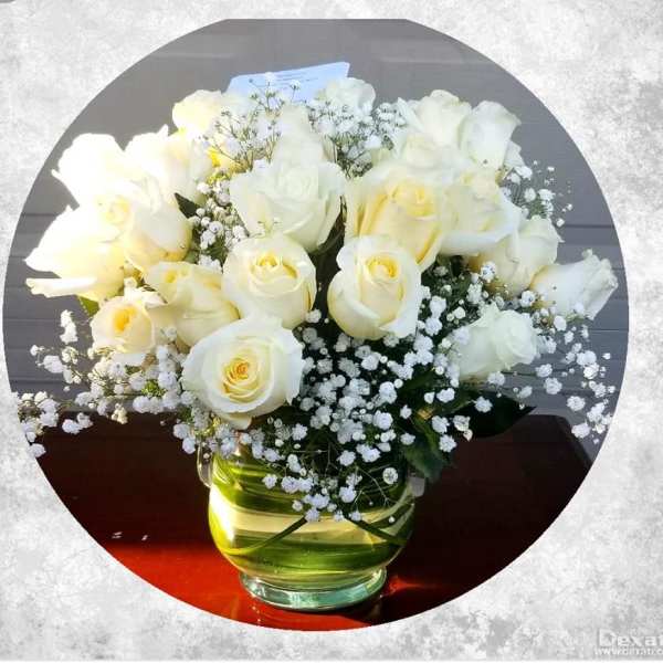 White roses and baby's breath in a glass vase