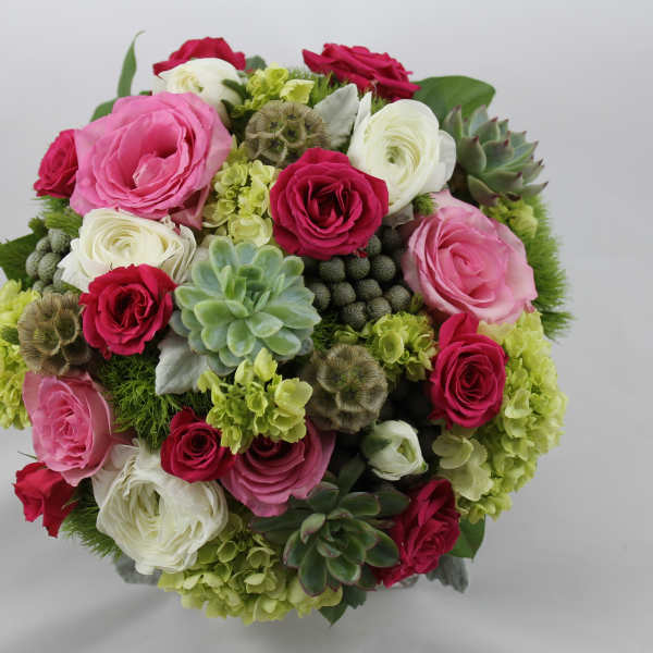 Round bouquet of pink, red, and white roses with succulents