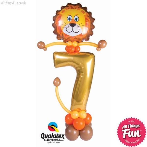 Lion-shaped balloon sculpture with a large gold number 7 balloon