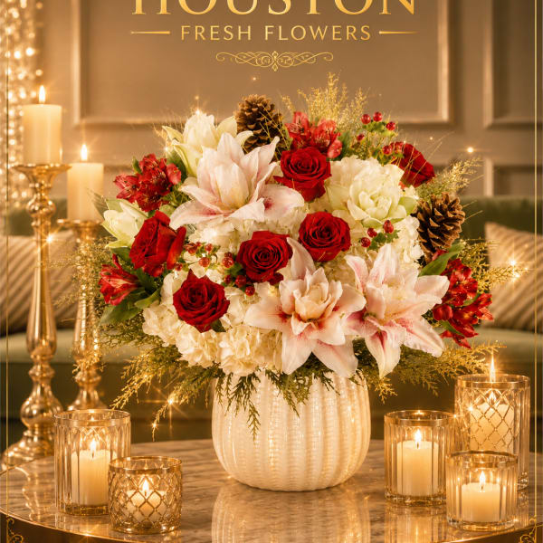Red roses and white lilies in a white vase with candles around it