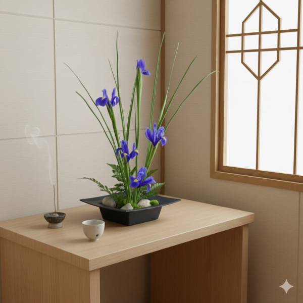 Blue iris arrangement in a black square bowl on a wooden table