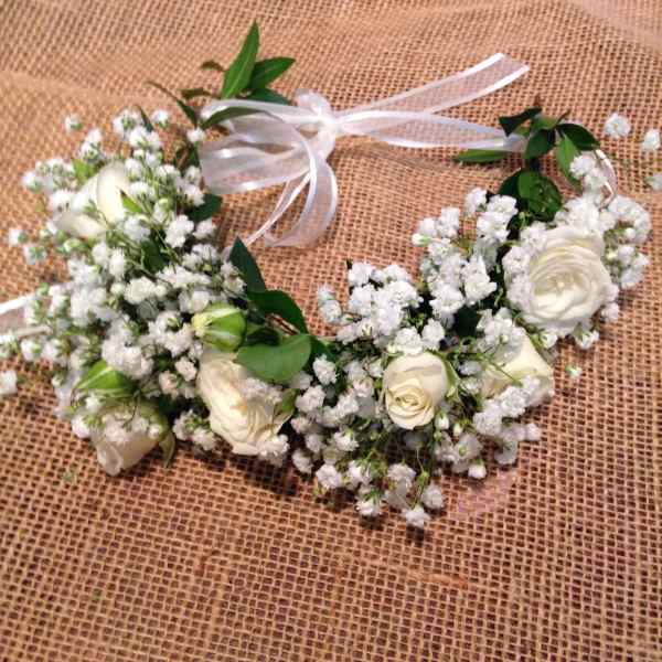 White rose floral crown with baby's breath and ribbon ties