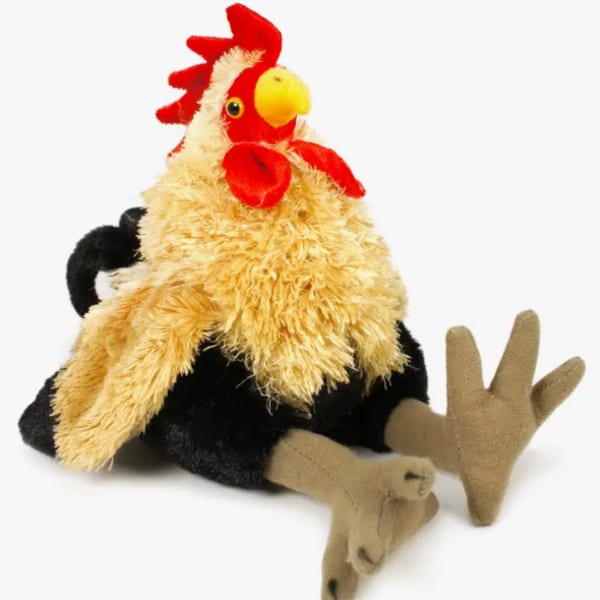 Plush rooster toy with tan legs on a white background