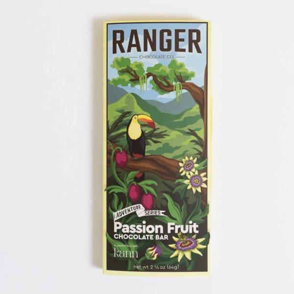 Passion fruit chocolate bar in a yellow wrapper with tropical artwork