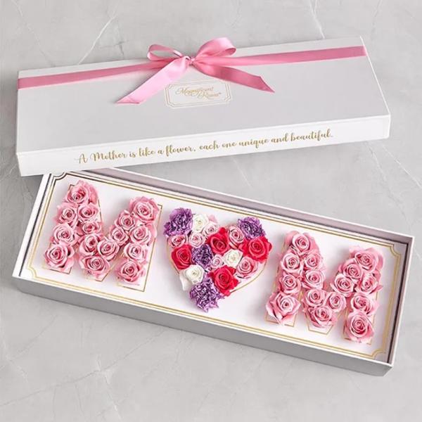 Gift box with pink roses arranged as MOM and a heart