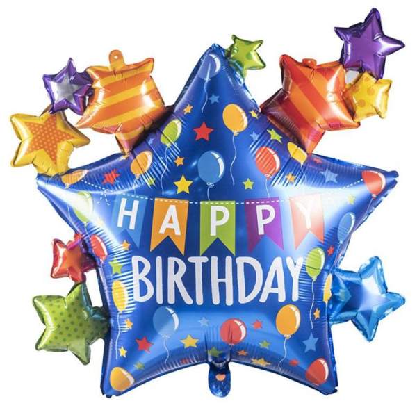 Birthday star-shaped foil balloon with colorful stars and "Happy Birthday" text