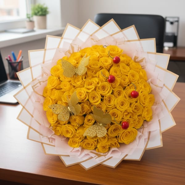 Bouquet of yellow roses wrapped in white paper with gold trim