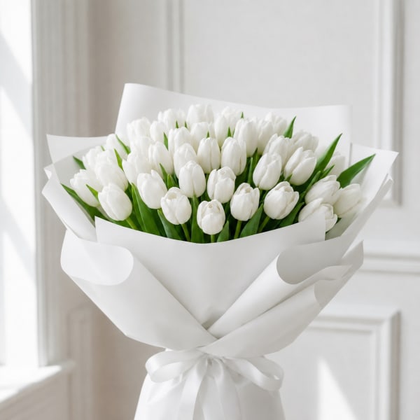Bouquet of white tulips wrapped in white paper with a ribbon
