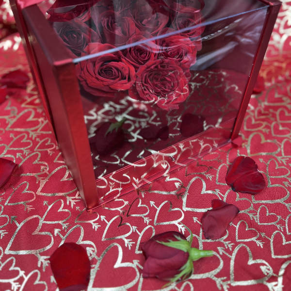 Red roses in a clear gift box with a satin bow